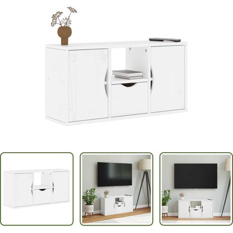 Rangement salon - Meuble TV avec tiroir ODDA blanc 79x24x40 cm bois massif pin (1/5)