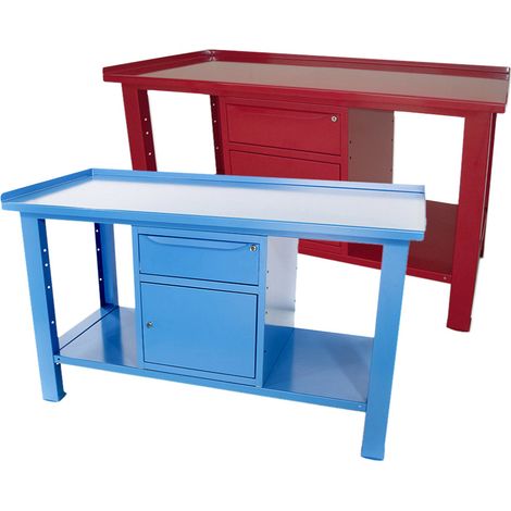 Banco da lavoro SOGI 1,5 metri con piano in acciaio + armadio con anta e cassetto - blu/rosso, ColoreRosso (1/5)