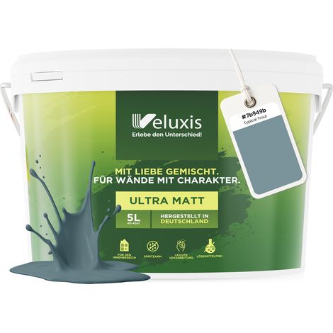 Wandfarbe Blau Grau Petrol Matt Innenfarbe – Deckkraft Klasse 1, VOC-frei, Ohne Grundierung, Tropfarm – Wohnzimmer & Schlafzimmer – 5L – Veluxis (Typical Trout)