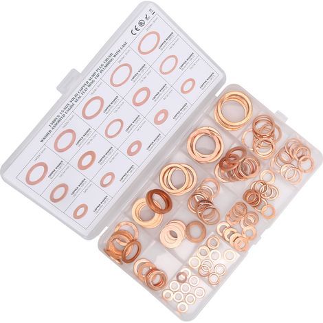 150Pcs Rondelles en Cuivre Assortiment Kit, 15 Tailles, M5 à M22, Assortiment de Joint Rondelle Plate en Laiton, pour Bagues d'Étanchéité et Joint de Bouchon de Vidange (1/5)