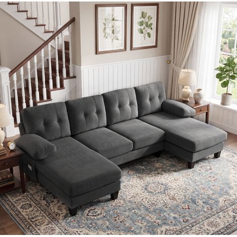 Canapé d'angle en forme de U 268 x 128 x 84 cm Canapé 4 places avec dossier réglable Chenille Gris (1/5)