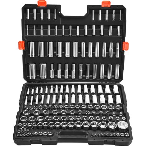 VEVOR Juego de Vasos 163 uds, con Impulsores de 9,53 mm, 6,4 mm y 12,7 mm, SAE y Metricos, Profundos y Estándar, con Estuche, Acero de Aleación CR-V Cromado, 535 x 410 x 89 mm, para Reparaciones