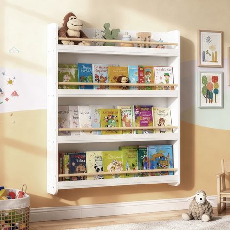 Étagère à Livres pour Enfants, 4 Niveaux, Étagère Murale, pour Chambre d'Enfant, Salle de Jeux, Blanc (1/5)
