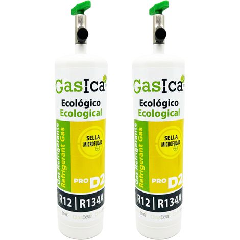Pack 2 Gasica D2 PRO 400g  Sustituto R134a R12  Sella Fugas y Trazador Verde  Gas Ecológico HC  Incluye Válvulas 1/4 SAE