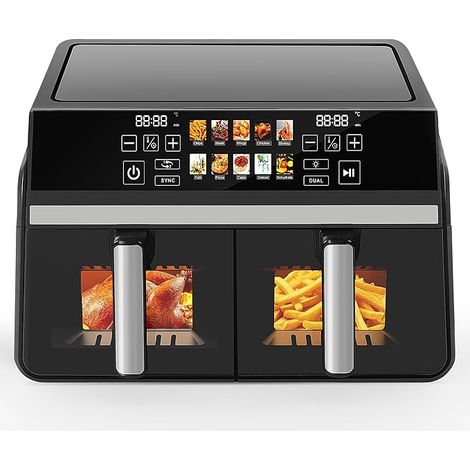 GBLY Heißluftfritteuse 2 Kammern 10L 5+5L Sichtfenster Dual Zone Airfryer SYNC DUAL 2200W Touchscreen Timer 24h Spülmaschinengeeignet