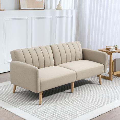 2-Sitzer-Schlafsofa, skandinavisches Design, 3-fach verstellbare Rückenlehne, Holzbeine, beiger Stoff in Leinenoptik