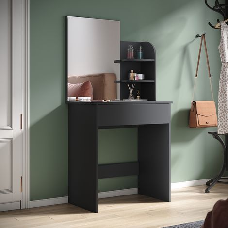 SIRHONA Toeletta con Specchio 70 x 40 x 140cm Tavolo da Trucco con 1 Cassetto e 2 Ripiani Portaoggetti Postazione Trucco Moderno Mobile da Trucco - Nero (1/5)