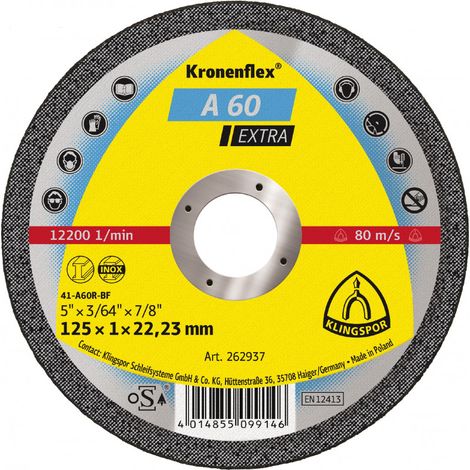 Klingspor 262936 Kronenflex A 60 Disco de Corte Para el Corte Manual, 115 x 1 x 22.23 mm