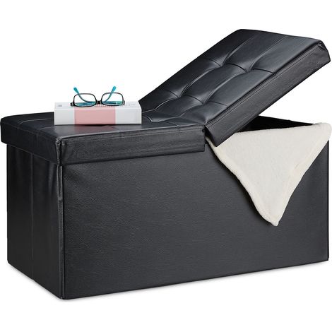 Relaxdays Baúl Almacenamiento, Banco Almacenaje, Puff Asiento, Otomana, Cuero Sintético, 39 x 75 x 37 cm, 1 Ud., Negro