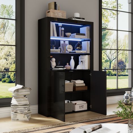 Armoire 100x35x170cm, meuble de rangement haute brillance avec éclairage LED, 2 étagères en verre, 2 portes, buffet haut pour salon, placard de stockage noir. (1/5)