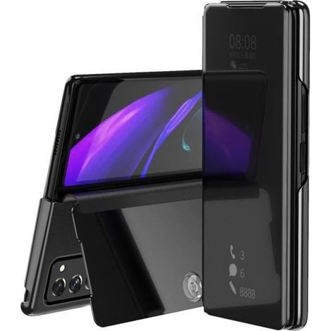 Coque pour Samsung Galaxy Z Fold 2 5G,étui+ verre trempé Flip Clear View Translucide Miroir Standing 360°Housse antichoc Smart Cover-Ywey