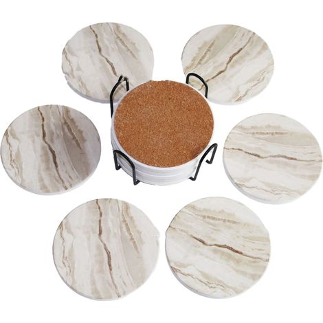 Coasters for Drinks, Absorbent Ceramic Stone Coasters Set with Metal Holder Stand, Marble Surface Pattern, Cups Place Mats for Home Decor, Set of 6 (1/5)