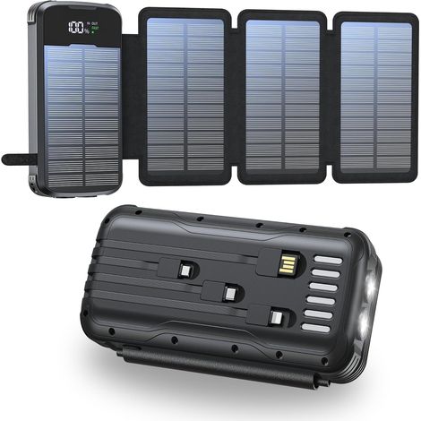 Power Bank 20000mAh Chargeur Portable 4 Panneaux Solaire 4 Câbles LED Digital Banque d'Énergie Solaire USB C Batterie Externe Solairee et 2 Lumières de Poche LED pour Smartphones Tablettes (1/5)