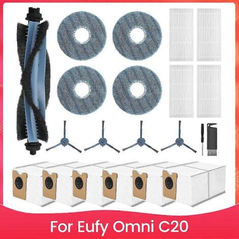 Accessoires pour aspirateur robot Eufy Omni C20 : pièces de rechange, brosse principale, filtre HEPA, lingette de nettoyage, sac à poussière. (1/5)
