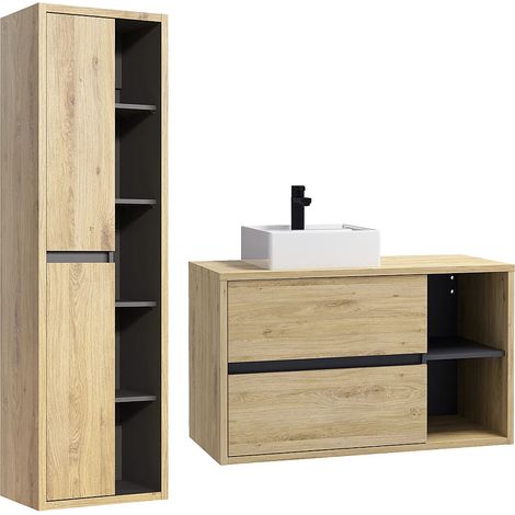 Mobile per bagno sospeso con lavabo quadrato e colonna 100 cm Naturale - PURNAL (1/5)