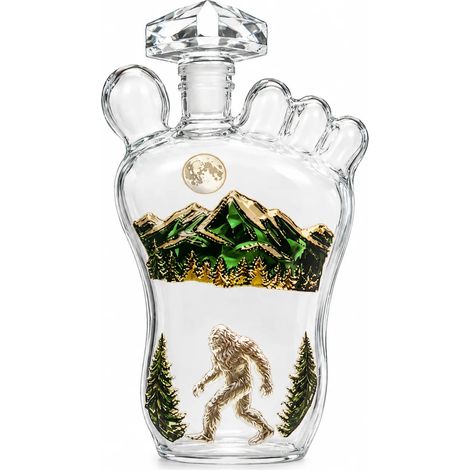 (A) Carafe à whisky en verre avec empreinte de Bigfoot et bouchon en cristal, motif montagne, idéale pour décorer une bouteille d'alcool ou un bar à domicile. (1/5)