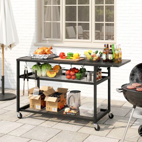 Desserte jardin chariot barbecue roulettes plateau latéral pliable trois étagères 133x48,5x82cm, noir
