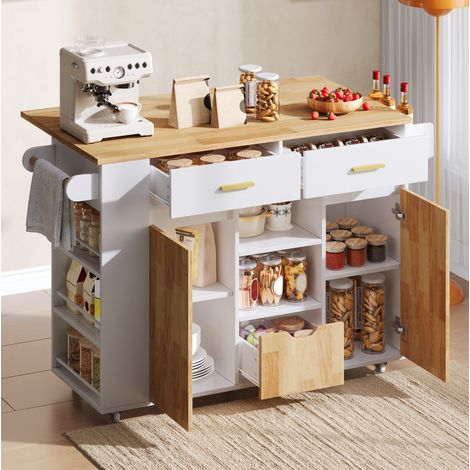 Mobiler Küchenwagen mit klappbarer Arbeitsplatte, 120 x 45/71 x 90 cm, Weiß OKMYHOME (1/5)