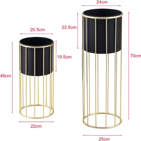 Juego de 2 soportes para plantas, macetero, bandeja para flores, jarrón de metal, diferentes tamaños, dorado y negro 030006046