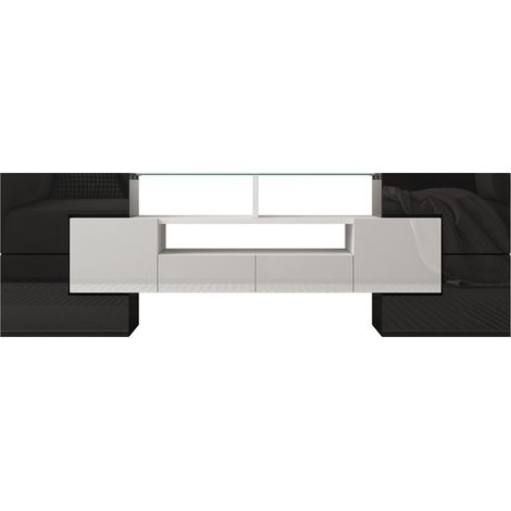 Lowboard TV weiß hochglanz 145 cm mit LED-Beleuchtung und Glasoberfläche (1/5)