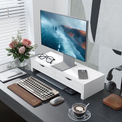 Soporte elevador para monitor de PC, soporte de escritorio para monitores de 60 a 116 cm con 2 cajones, longitud y ángulo ajustables.