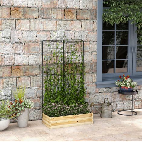 Fioriera rialzata con grigliato in legno naturale, 80 x 38 x 145 cm, per giardino e balcone (1/5)