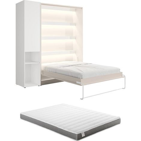 Letto a scomparsa verticale 140 x 200 cm 1 colonna contenitore Con LED Beige + Materasso - RAPILI (1/5)