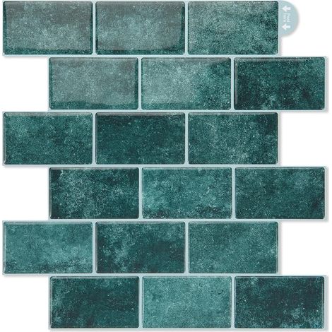Art3d Lot de 10 Autocollants pour Carrelage Mural,Version épaissie  Bleu vert marine,Motif métro,Pour Cuisine et salle de bain (1/4)