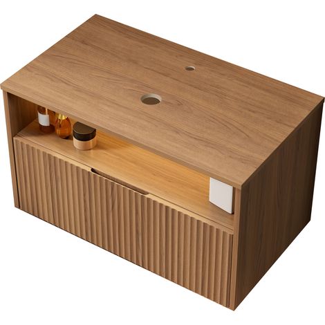 Mueble de baño suspendido 80 cm de contrachapado con cajón acabado roble marrón sin lavabo HOMVRA (1/5)