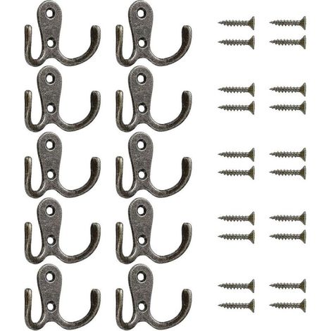 Lot de 10 crochets doubles pour porte, mur, chambre à coucher, salle de bain, crochets en métal vintage pour suspendre des vêtements, des peignoirs, des serviettes, des chapeaux, des clés