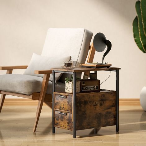 Tavolino con stazione di ricarica, 2 cassetti e ripiano, 55 x 35 x 58,5 cm, marrone (1/5)