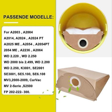 Bolsas y filtros para aspiradora Karcher WD2 MV2 WD 2.200 A2004 A2054 (número de pieza 6.904-322.0) y filtro (número de pieza 6.414-552.0)