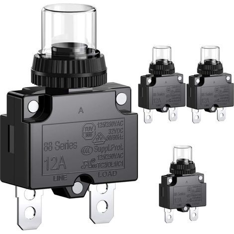 Disjoncteur 12 A avec protection contre les surcharges thermiques, série 88, réarmement manuel par bouton-poussoir, avec bornes à connexion rapide et capuchon étanche, 32 V CC ou 125/250 V CA, (1/3)