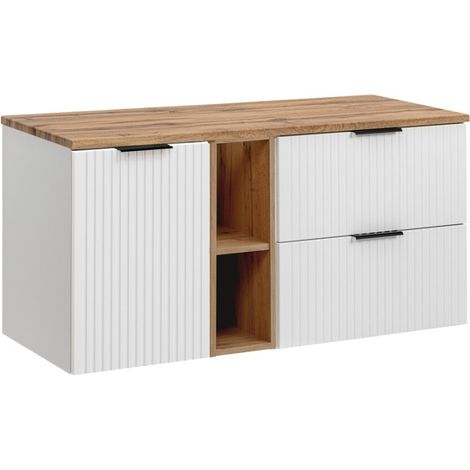 Badezimmer-Set NOXERA 140 cm – Wandhängender Schrank in Alpinweiß mit Platte für Waschbecken in Eiche Wotan, offenen Nischen und Korb