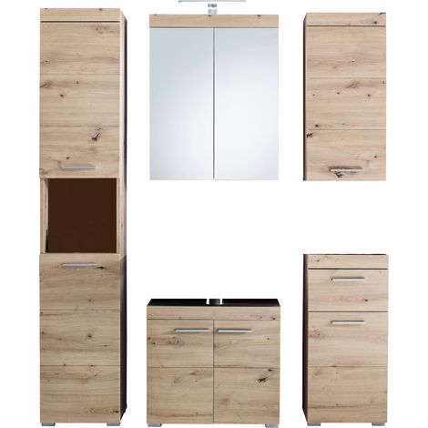 Ensemble meuble de salle de bain à LED 6 pièces bois chêne clair Kelia (1/5)