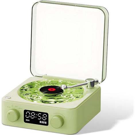 Disque vinyle, lecteur horloge, enceinte Bluetooth, enceinte portable rétro en vinyle, lumière et heure réglables, vert (1/5)