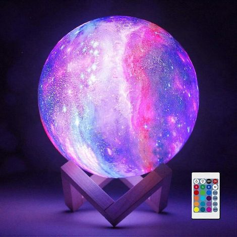 Lampe lune lumineuse, lampe lave, veilleuse, lampe galaxie, 16 couleurs LED avec support en bois, télécommande/commande tactile et rechargeable par USB. Cadeau idéal pour les filles. (1/5)