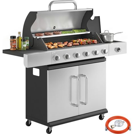 Barbacoa de gas de 18,6 kW, 6+1 quemadores, carro de acero inoxidable con ruedas, termómetro, rejilla para mantener la comida caliente, estante lateral y armario de almacenamiento.