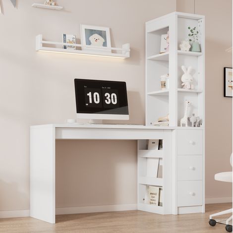 Schreibtisch 120x50x180 cm Weiß MDF mit Bücherregal, 3 Schubladen und Seitenschrank (1/5)