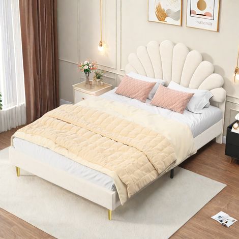 Cama de matrimonio 140 x 200 cm, cama de niña, cabecero floral, cama tapizada, superficie de terciopelo, color beige (1/5)