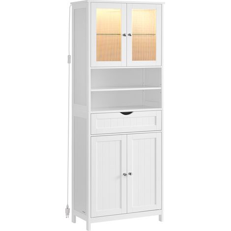 Vasagle – Meuble de rangement salle de bain avec éclairage – 2 placards fermés, 2 compartiments ouverts, tiroir – Étagères réglables – MDF blanc nuage