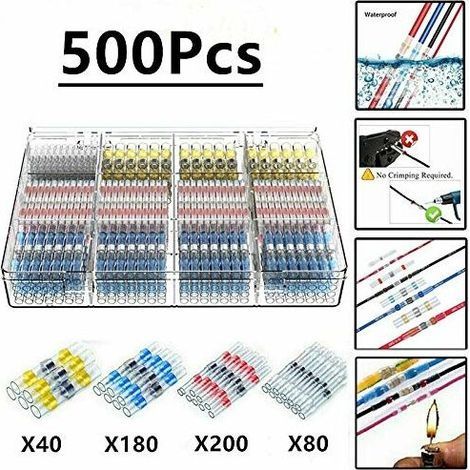 500Pcs Cosses Electriques Souder Gaine Thermorétractable,Maidodo Thermorétractables Souder Bout À Bout Seal Connecteurs Electriques Isolés Etanche Marine Marine Automobile Cuivre (1/5)