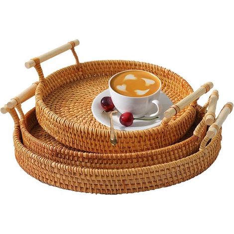 Juego de 3 bandejas redondas de ratán - decorativas y tejidas a mano - cestas de mimbre (1/5)