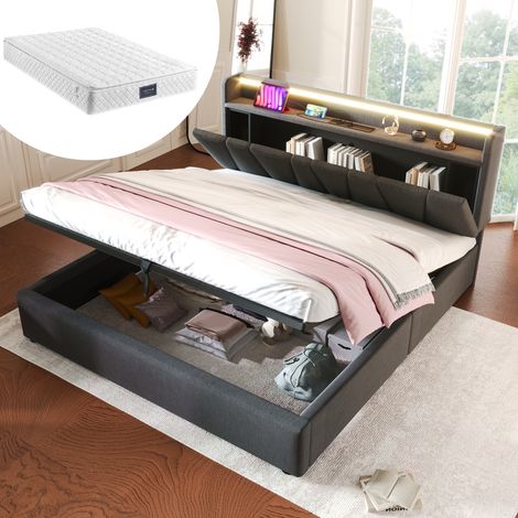 Doppelbett 140x200 cm grau aus Leinen mit Stauraum-Kopfteil, USB-Anschlüssen und RGBW-LED (1/5)