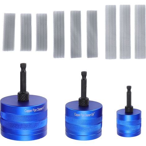 Ensemble de 3 cure-tuyaux en cuivre 1/2 po, 3/4 po, 1 po pour le polissage, l'enlèvement de peinture, kit d'outils de plomberie en métal avec tige hexagonale de 1/4 po, 9 brosses de remplacement, bleu (1/5)