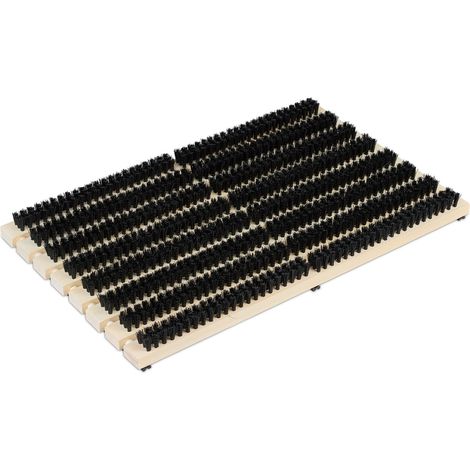 Relaxdays Grille gratte-pieds en bois, antidérapant, brosses en plastique, pour intérieur et extérieur, nature et noir (1/5)