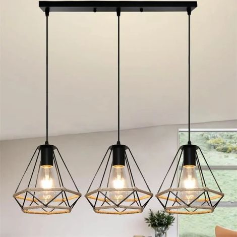U-Do 3 Têtes Suspension Luminaire en Corde de Chanvre design Rétro 20CM Lampe en Longue Pôle Lustre Ajustable Industriel décoration (1/4)