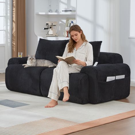 Canapé modulaire velours côtelé 2 personnes emballé sous vide combinable librement portegobelet sac rangement latéral salon familial noir. (1/5)