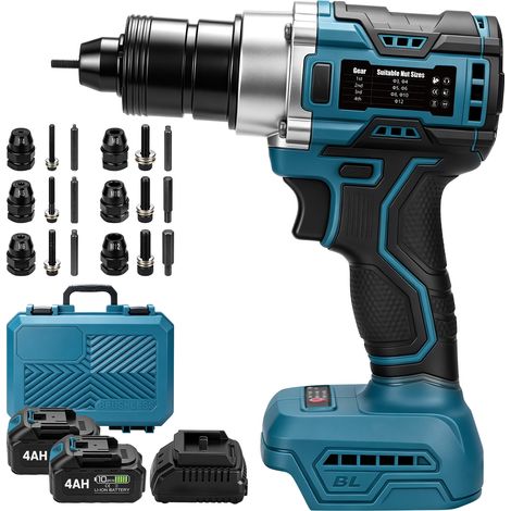 20000N Pince à Insert Fileté Électrique Sans Balais Sans Fil 6 Rivetage M4 - M12 4 Réglages Retour Automatique Écrous à Rivets Outil Sertir 2x Batteries Compatible Makita 18V Jusqu'à 300 Opérations po (1/5)