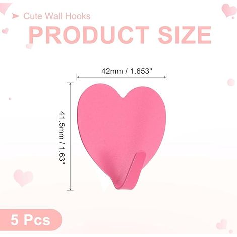 Lot de 5 crochets muraux décoratifs en forme de cœur, crochets muraux autocollants en métal très résistants pour salle de bain, cuisine, maison et bureau, clés, manteaux, rose rouge (1/5)